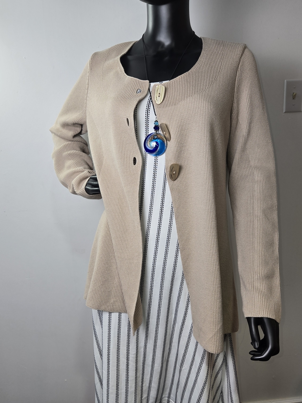 Saint James Beige Ribbed Knit Cardigan